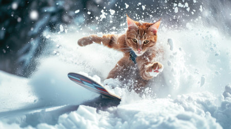 Ginger cat snowboarder going down ski slope in winter, funny pet rides snowboard with splash of snow powder. Concept of sport, extreme, resort, mountain, vacation, spray and travel. Generative AIの素材