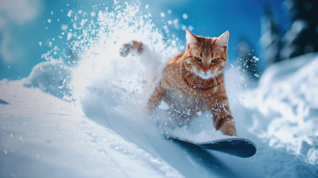 Cat snowboarder going down ski slope in winter, funny ginger pet rides snowboard spraying snow powder. Concept of sport, extreme, resort, mountain, vacation, splash and travel. Generative AIの素材