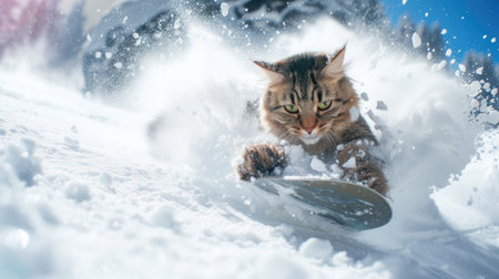 Cat snowboarder going down ski slope in winter, funny pet rides snowboard spraying snow powder. Concept of sport, extreme, resort, mountain, vacation, splash and travel. Generative AIの素材