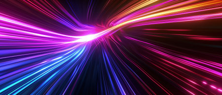 Multicolored neon curve lines on black background, digital glowing energy. Abstract pattern of colored waves of light in dark space. Concept of tech, trail, speed, spectrum, data. Generative AIの素材