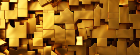Abstract gold texture background, wide banner of pattern of shiny metal pieces like jigsaw puzzle, many golden blocks. Concept of business, game, design, wall, success, strategy. Generative AIの素材