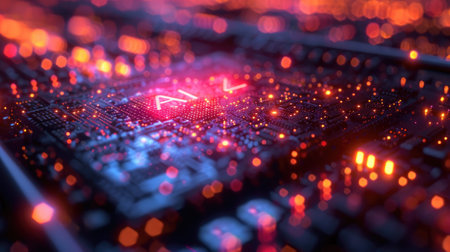 Modern AI processor on circuit board, neon glowing core of artificial intelligence machine on tech lights background. Concept of computer technology, chip, data, future, system, semiconductor. Generative AIの素材