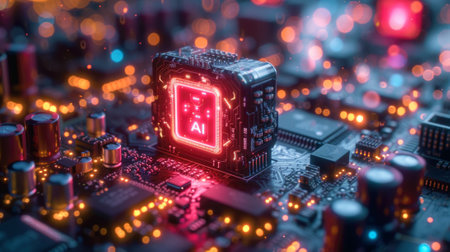 Neon glowing AI processor on circuit board, futuristic core of artificial intelligence on bokeh lights background. Concept of computer technology, chip, microchip, data, semiconductor. Generative AIの素材