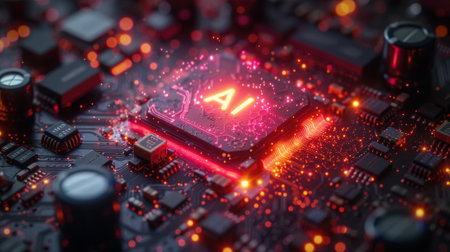 AI chip glows with energy and power, futuristic red-hot processor of artificial intelligence radiates tech light. Concept of computer technology, circuit board, cpu, data, semiconductor. Generative AIの素材