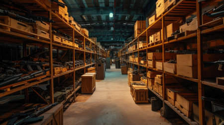 Warehouse with weapon, perspective view, firearm stored on rack shelves in large dark storage. Illegal smuggle arsenal of guns. Concept of war, military industry, shop, package, violence. Generative AI.の素材