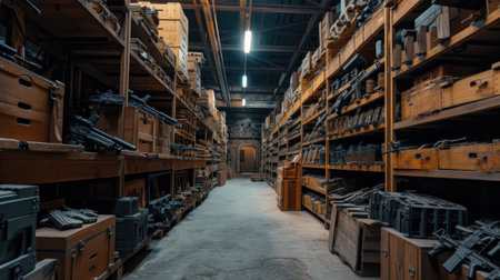 Old warehouse with new modern weapon, perspective view, firearm stored on vintage shelves in dark storage. Illegal smuggle arsenal of guns. Concept of war, military industry, package, violence. Generative AI.の素材