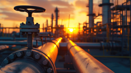 Pipeline of refinery plant and valve at sunset, perspective view of gas or oil pipes of petrochemical factory. Scenery of tube lines, sun and sky. Concept of energy, industry, power and crude. Generative AIの素材