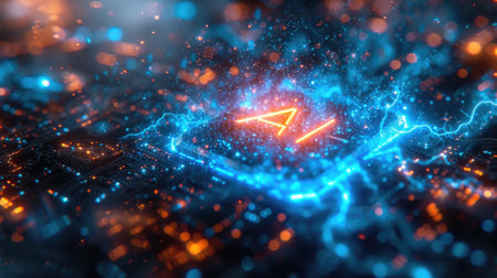 AI chip glows with blue energy and power, futuristic processor of artificial intelligence radiates light and lightning. Concept of computer technology, circuit board, cpu, data, semiconductor. Generative AIの素材