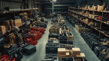 Warehouse with new modern weapon and army equipment, firearm stored on floor and shelves of dark storage. Illegal smuggle arsenal of guns. Concept of war, military industry, box, package. Generative AI.の素材