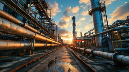Pipeline of refinery plant at sunset, natural gas and oil pipes of factory in petrochemical industry. Perspective of steel tube lines and industrial building. Concept of energy, power, crude. Generative AIの素材