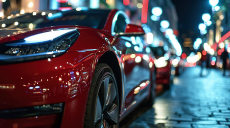 Luxury car parked at store at night, detail of modern shiny red vehicle on city street. Urban reflections and lights background. Concept of sport, technology, design, headlight, business, road. Generative AI.の素材