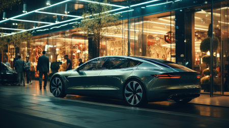 Luxury car parked at store at night, modern shiny vehicle near building window on city street. Urban reflections and neon lights background. Concept of sport, technology, design, shopping, road. Generative AI.の素材