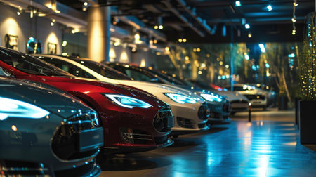 Luxury new cars in dealership salesroom, modern shiny vehicles for sale in showroom. Night reflections and lights background. Concept of shop, store, retail, rent, lease and office. Generative AI.の素材