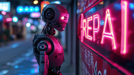AI robot looks at workshop sign Repair on street at night, scene in dark city with neon lights. Concept of maintenance, technology, upgrade, shop, service and future. Generative AI.の素材