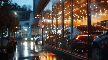Luxury new car is in dealership at night, modern shiny vehicle view through store window on city street. Urban reflections and lights background. Concept of shop, sale, technology, design. Generative AI.の素材