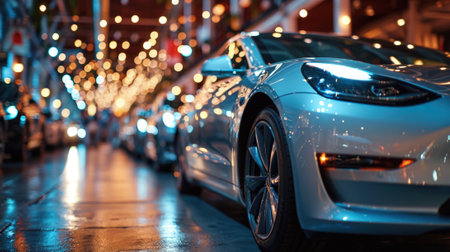 Luxury car parked on city street at night, detail of modern shiny vehicle, urban reflections and bokeh lights background. Concept of sport, technology, design, headlight, business, road. Generative AI.の素材