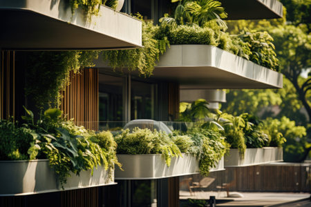 Green city building with futuristic exterior, facade with plants and balconies. Modern urban house in summer. Concept of nature, greenery, vertical forest, eco design, ecology and future. Generative AI.の素材