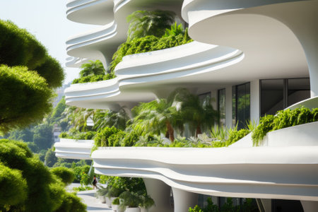 Shaped terraces with green plants on city building exterior, wavy balconies. Modern urban house in summer. Concept of nature, greenery, vertical forest, eco design, ecology and future. Generative AI.の素材
