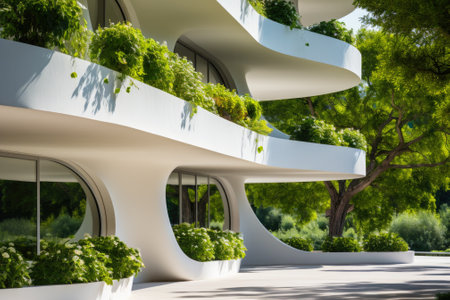 Green city building with futuristic exterior, facade with plants and terraces. Modern urban house in summer. Concept of nature, greenery, vertical forest, eco design, ecology and future. Generative AI.の素材
