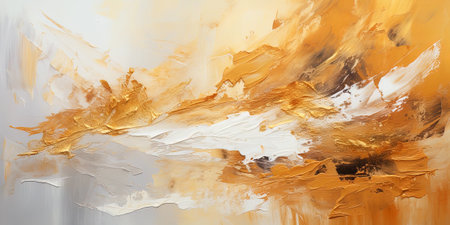 Yellow orange oil paint background, texture of rough paintbrush strokes on white canvas, abstract pattern of golden color. Theme of art, brush, gold, vintage, autumn, template, wallpaper. Generative AI.の素材
