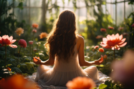 Adult girl with long hair meditating in beautiful garden, back view of young woman in dress on magical plants and flowers background. Concept of nature, health, zen, yoga, meditation, summer. Generative AIの素材