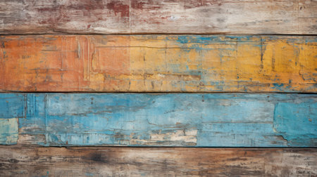 Vintage wood planks texture background, old worn color painted boards. Rough wooden wall, worn multicolored surface. Theme of design, nature, grunge, colorful pattern. Generative AI.の素材