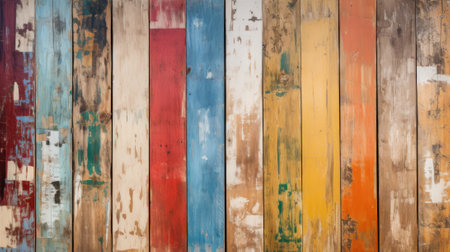 Vintage wood planks texture background, old worn color painted boards. Rough wooden wall, worn multicolored surface. Theme of design, nature, material, grunge, colorful pattern. Generative AI.の素材