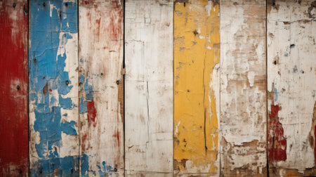 Vintage wood planks texture background, old worn color painted vertical boards. Rough wooden wall, worn multicolored surface. Theme of design, nature, grunge, colorful pattern. Generative AI.の素材