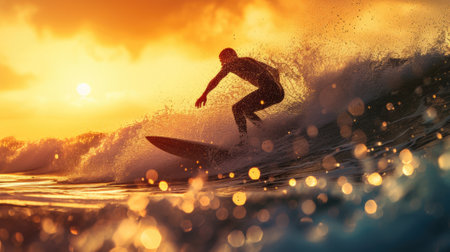 Surfer on sea wave at sunset, silhouette of man on sunny sky background, scenic view of person and sun on ocean beach. Concept of surf, sport, travel, people, vacation, golden hour and summer. Generative AIの素材