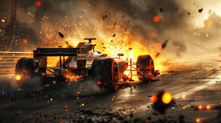 Racing car burns on track, sports vehicle drives in fire and smoke. Accident with flames and sparks on road. Concept of speed, fast, crash, wreck, safety, action. Generative AI.の素材