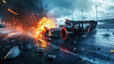 Racing car burns on track, sports vehicle drives in fire and smoke. Accident with flames and sparks on road. Concept of speed, fast, crash, wreck, safety, action. Generative AI.の素材