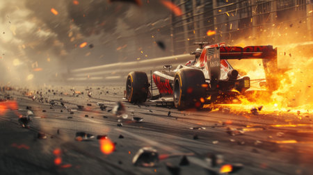 Racing car burns on track, sports vehicle drives in fire and smoke. Accident with flames and sparks on road. Concept of speed, fast, crash, wreck, safety, action, engine. Generative AI.の素材