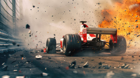 Sports car burns on track during race, vehicle drives in fire, wreckage and smoke. Accident with flames and sparks on road. Concept of speed, fast, crash, wreck, safety, action, engine. Generative AI.の素材