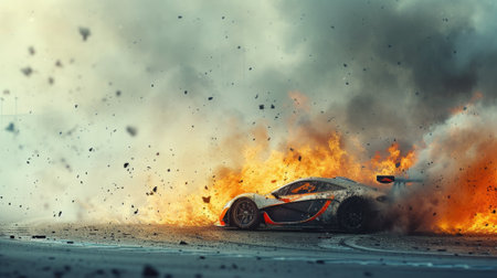 Sports car burns on track during race, vehicle drives in fire, wreckage and smoke. Accident with flames and sparks on road. Concept of speed, fast, crash, wreck, safety, action, background. Generative AI.の素材