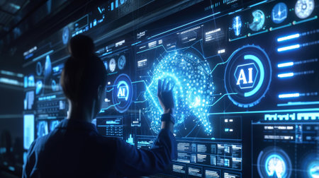 Researcher works with artificial intelligence control panel in dark room. Futuristic digital dashboard and AI technology in the future. Concept of data, cyber tech, innovation, engineer, interface. Generative AIの素材