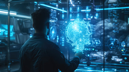 Person uses artificial intelligence control panel in dark room. Futuristic digital dashboard and AI technology in the future. Concept of data, cyber tech, innovation, engineer, research. Generative AIの素材