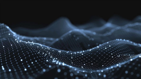 Digital space abstract background, dark cyberspace with wavy data network and lights. Concept of tech, texture, secure connection, cyber technology, wave, surface and future. Generative AI.の素材