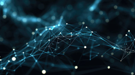 Digital space abstract background, dark cyberspace with network lines and lights. Concept of data, tech, texture, secure connection, cyber technology, polygon grid and future. Generative AI.の素材