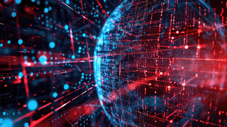 Abstract digital space background, futuristic cyberspace with cyber data, information and red blue light. Concept of ai technology, secure tech, network, art, security and cybersecurity. Generative AI.の素材