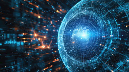 Abstract digital space background, futuristic cyberspace with cyber sphere, data, information and blue light. Concept of ai technology, secure tech, network, art, security and cybersecurity. Generative AI.の素材