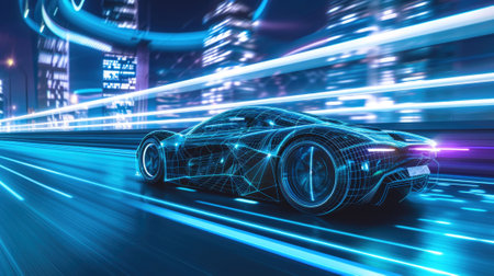 Luxury sports car drives fast on highway at night, shiny auto moves on city road. Futuristic racing vehicle on neon street. Concept of speed, motion line, technology, light, future, design. Generative AIの素材