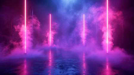 Modern neon stage background, abstract empty room with lines of led lighting and smoke, dark futuristic studio or hallway. Concept of cyberpunk space interior, hall, garage, design. Generative AI.の素材