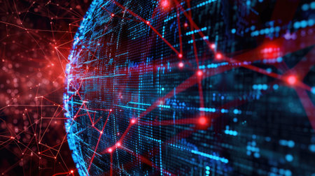 Abstract digital space background, futuristic cyberspace with cyber data, information and red blue light. Concept of ai technology, secure tech, network, art, security and cybersecurity. Generative AI.の素材