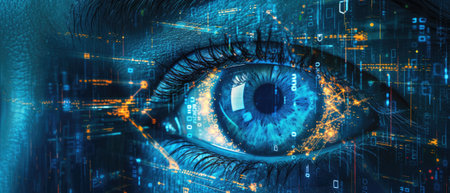 Person eye watching cyber data, abstract digital information background, wide blue banner with cyber security theme. Concept of ai, technology, spy, network, hacker, hack, fraud, art. Generative AI.の素材