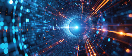 Abstract digital space background, futuristic cyberspace with cyber sphere, data, information and blue light. Concept of ai technology, secure tech, network, art, security and cybersecurity. Generative AI.の素材
