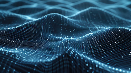 Digital space abstract background, dark cyberspace with data network and lights. Concept of tech, texture, secure connection, cyber technology, wave, surface and future. Generative AI.の素材