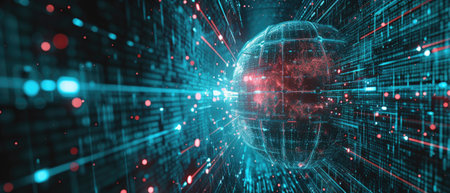 Futuristic cyberspace background, cybersecurity sphere in abstract dark digital space with data, cyber information and blue light. Concept of ai technology, secure tech, network, art, security. Generative AI.の素材