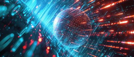 Abstract digital space background, futuristic cyberspace with cyber sphere, data, information and blue red light. Concept of ai technology, secure tech, network, art, security and cybersecurity. Generative AI.の素材