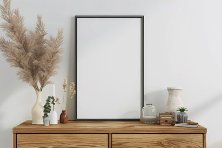 Frame mockup picture on dresser against white wall in minimalist room, detail of Scandinavian interior with blank poster and wooden chest of drawers. Concept of home design, apartment, eco. Generative AI.の素材