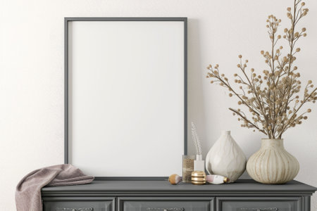 Frame mockup picture on dresser against white wall in minimalist room, detail of Scandinavian interior with blank poster and gray chest of drawers. Concept of home design, apartment, eco. Generative AI.の素材